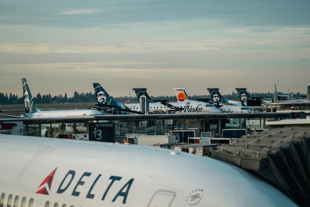 Delta planes grounded at an airport during a snowstorm