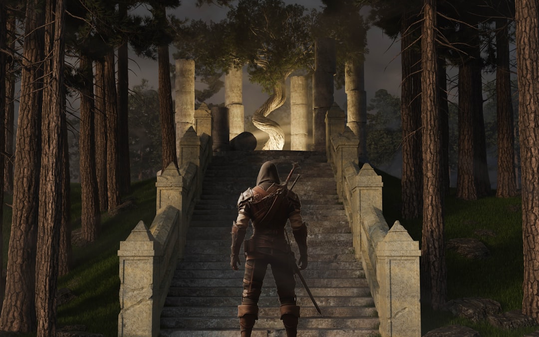 A player character clinging to a mountain face in the game Cairn