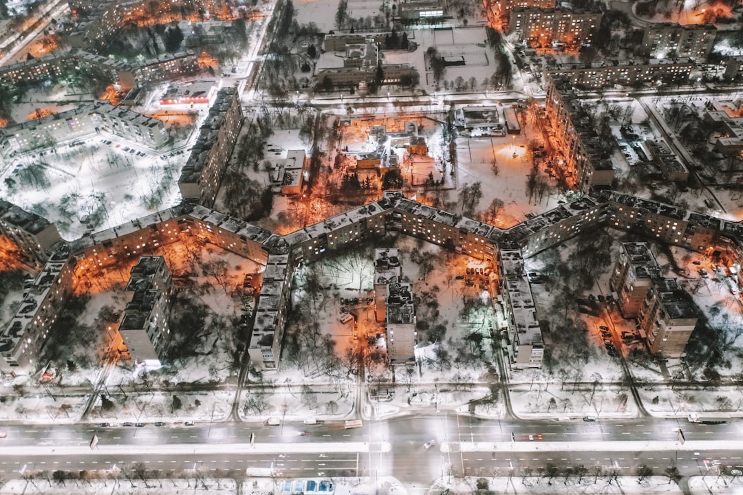 Aerial view of bombed-out buildings and infrastructure in Ukraine