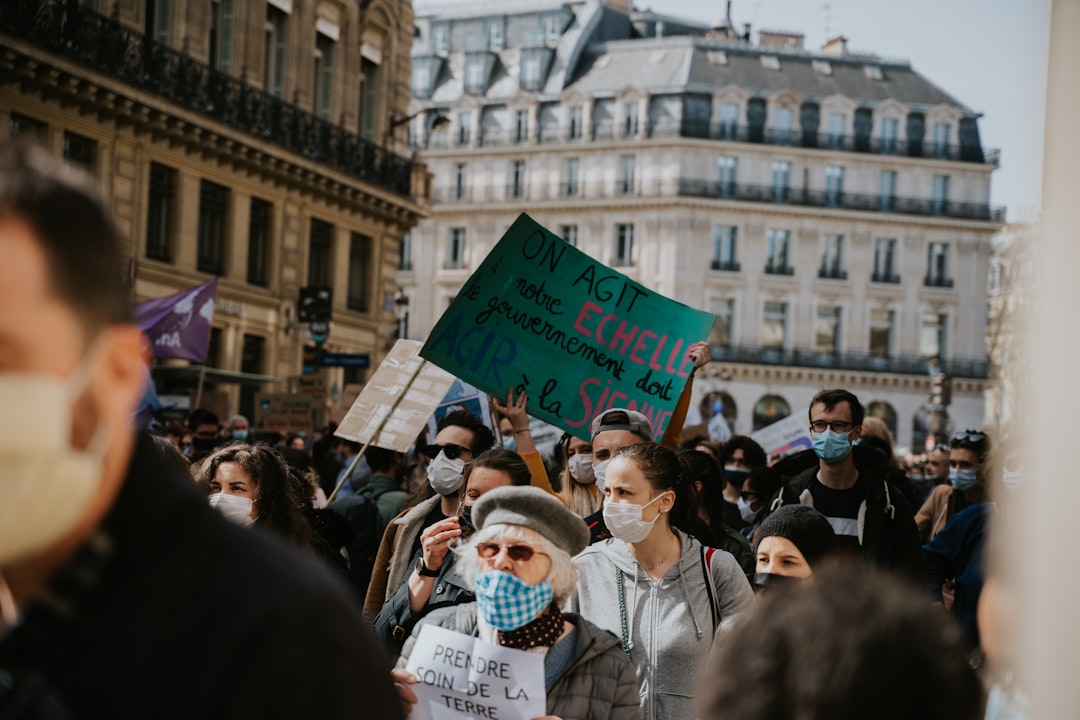 Demonstrators rallying for women's rights outside the French Senate